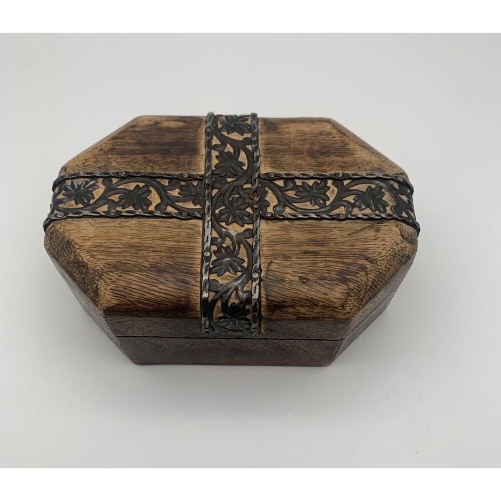 Vintage Made In India Hinged Wooden Unique Shape Trinket Box With Metal Accents